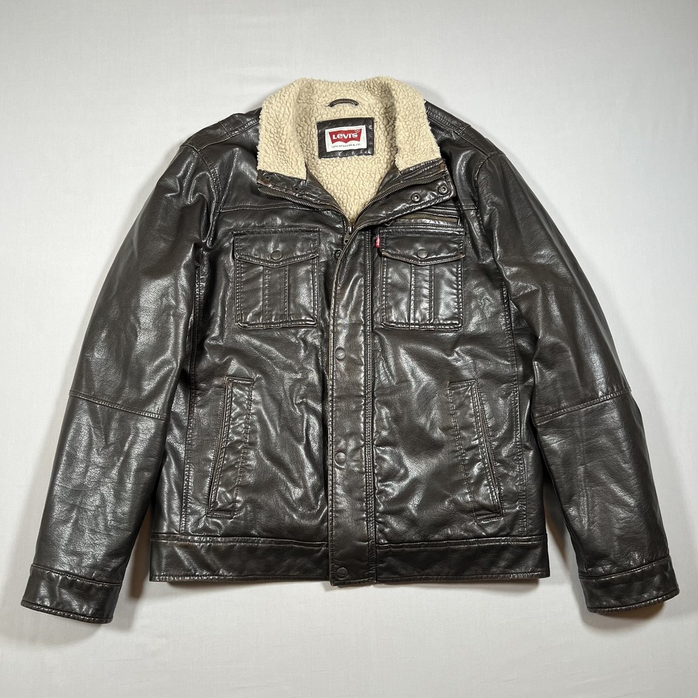 Levis Mens Brown Faux Leather Sherpa‎ Lined Full Zip Jacket Coat Size Medium